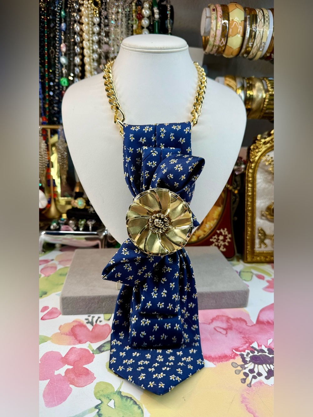 Vintage Gold Floral Statement Necklace Tie